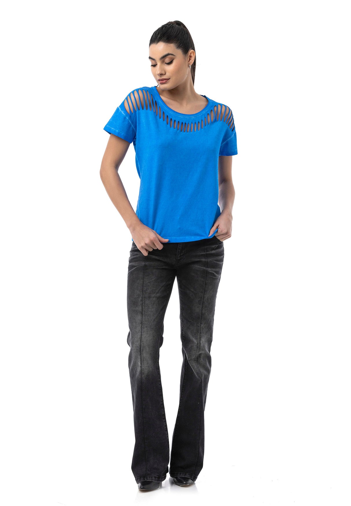 WT388 – Blue, Cut-Out Design, Short Sleeve, Trendy Street Style