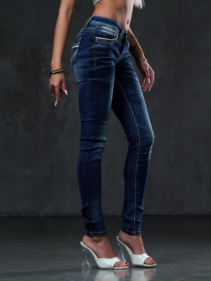 WD256 Women's Slim-Fit Jeans with Embroidered Pockets in
