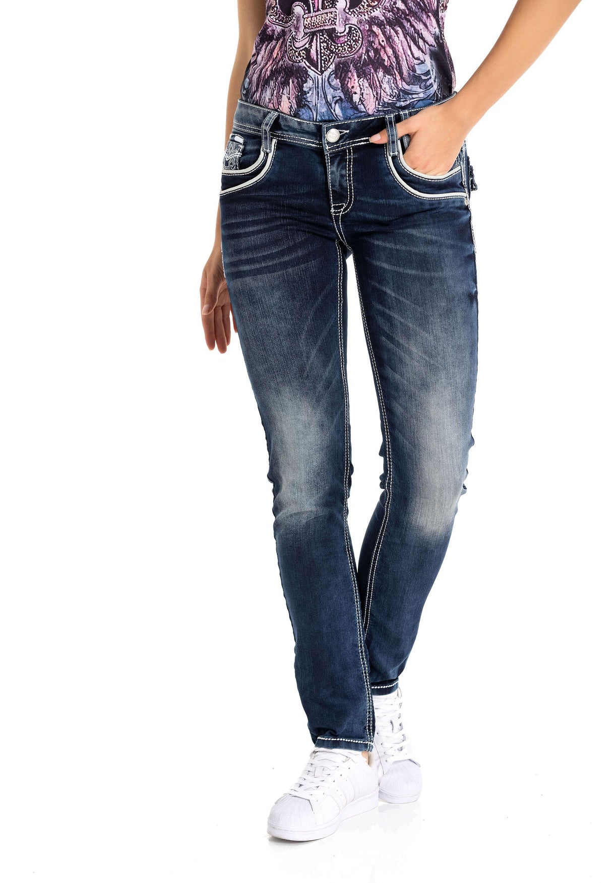 WD259 Women's Stonewashed Jeans with Colored Stitching in Casual Style