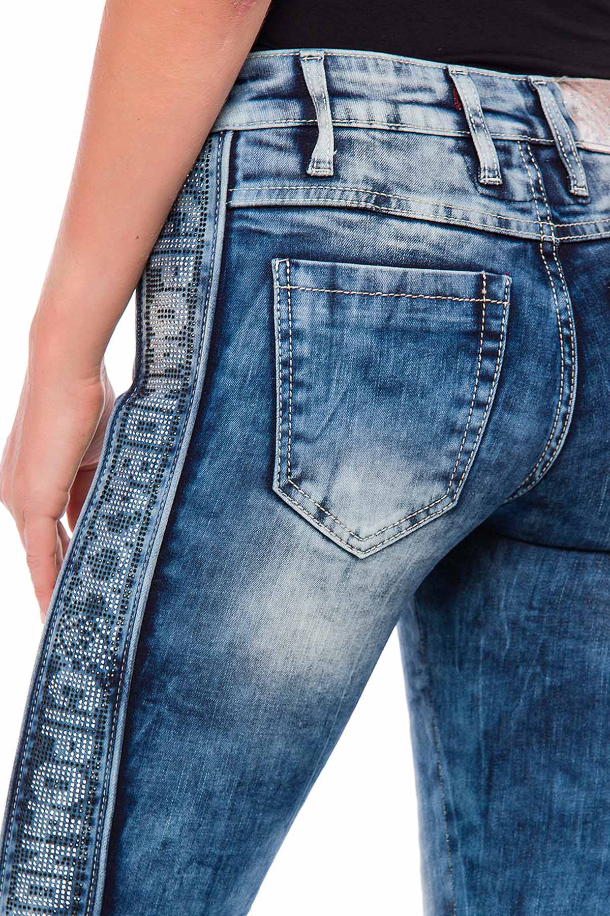 WD390 Women's Slim-Fit Jeans with Glitter Side Stripes