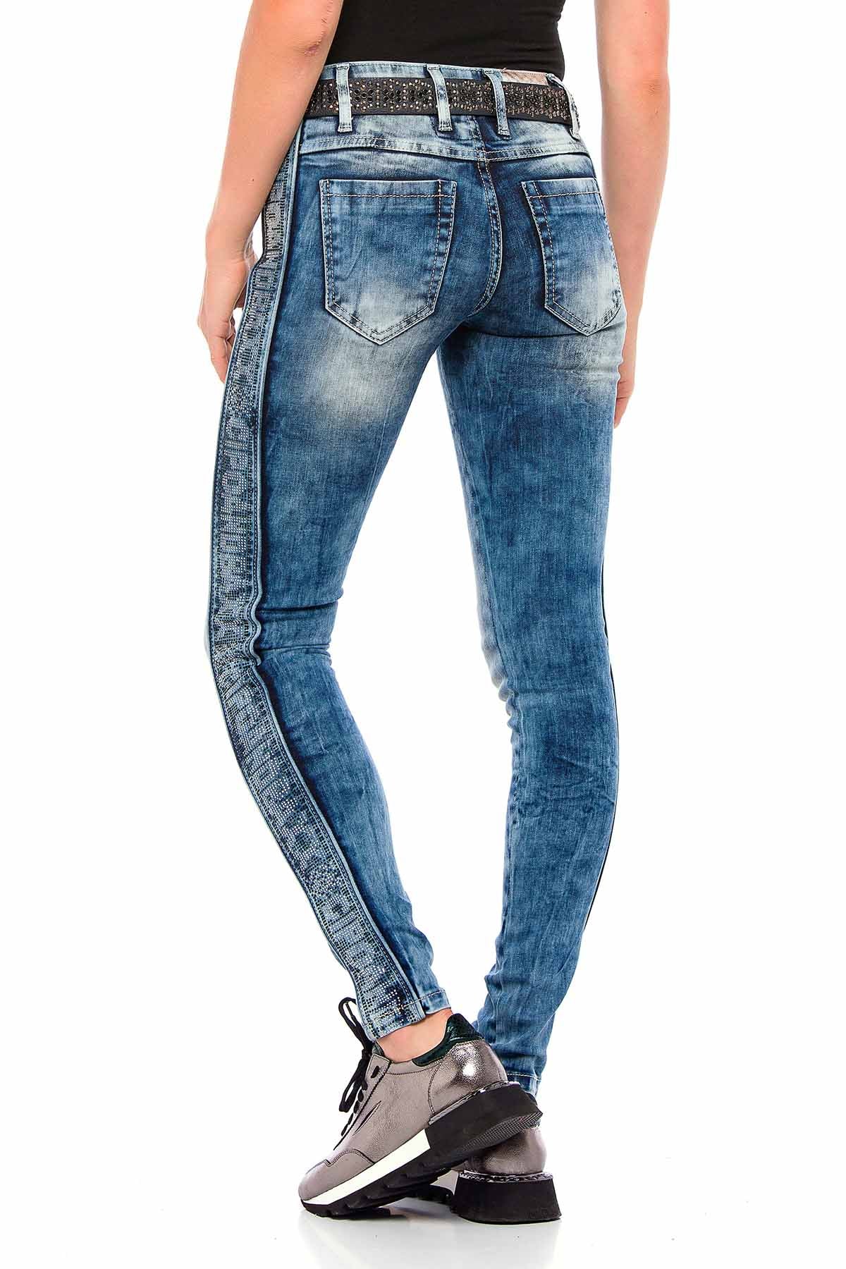 WD390 Women's Slim-Fit Jeans with Glitter Side Stripes