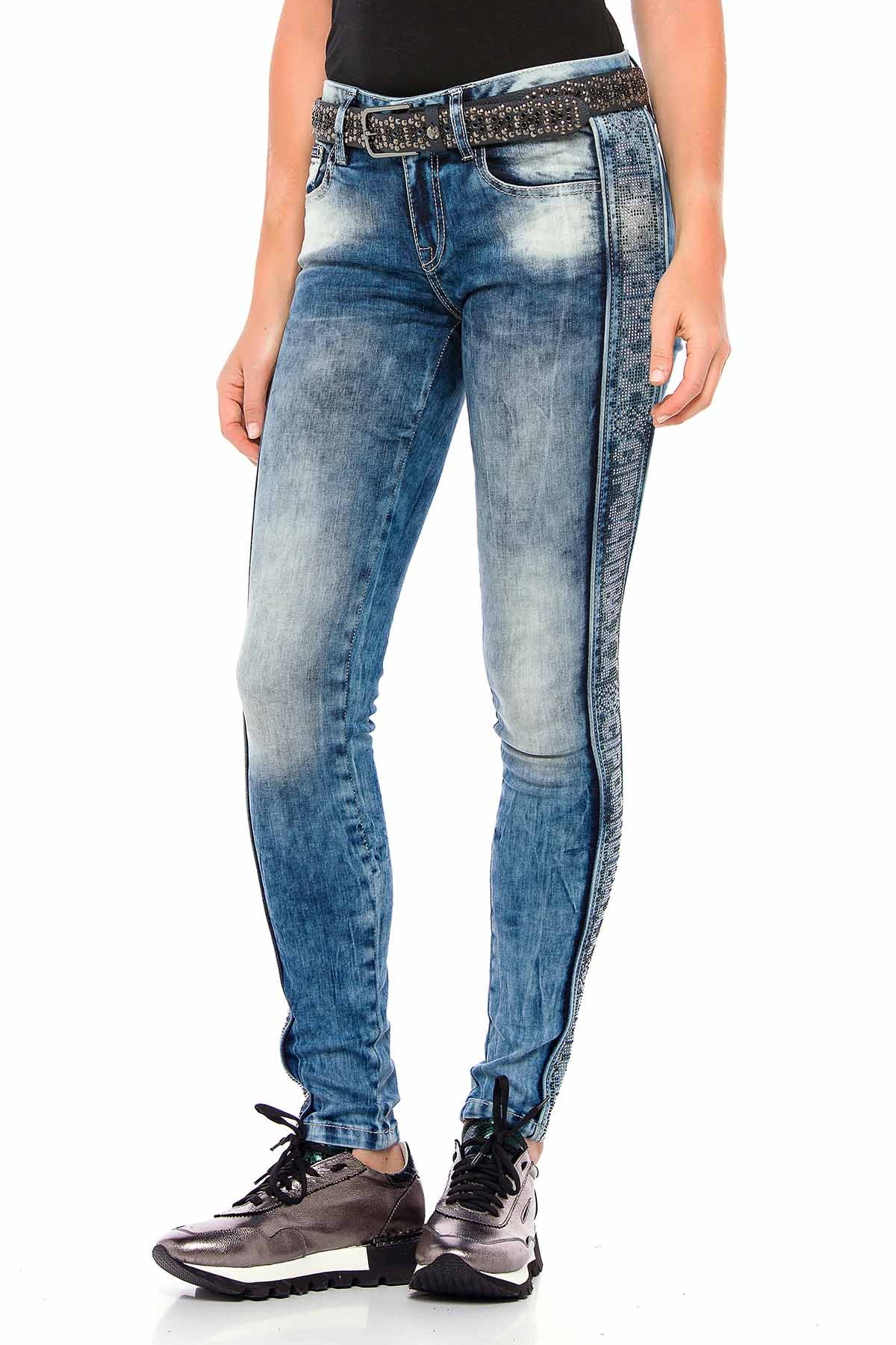 WD390 Women's Slim-Fit Jeans with Glitter Side Stripes
