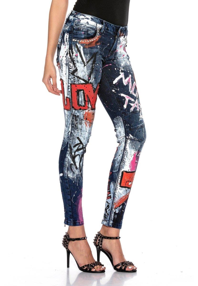 WD399 Women's Biker Jeans with Prints and Color Embellishments