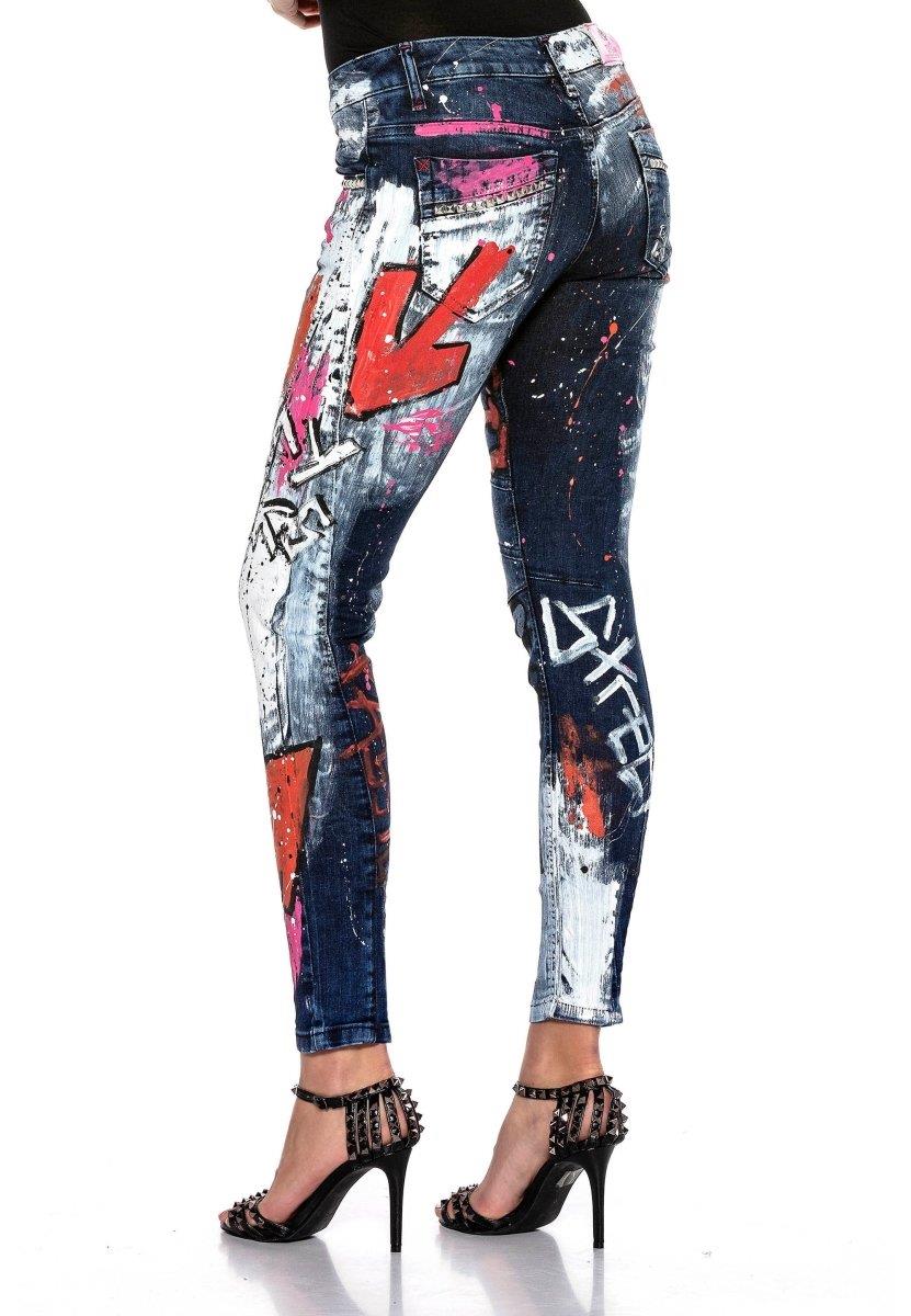 WD399 Women's Biker Jeans with Prints and Color Embellishments