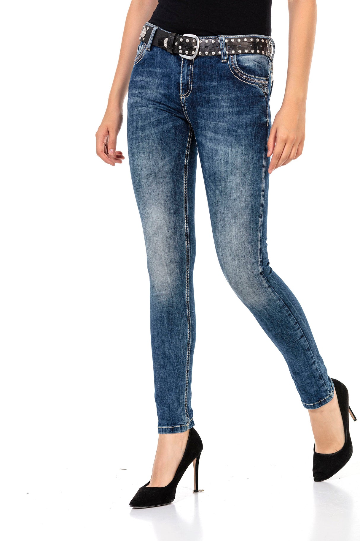 WD427 Women's comfortable jeans with rhinestone trim and brand embroidery