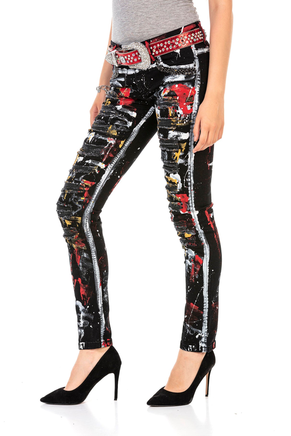 WD463 Women's slim-fit jeans in a trendy hand-painted design