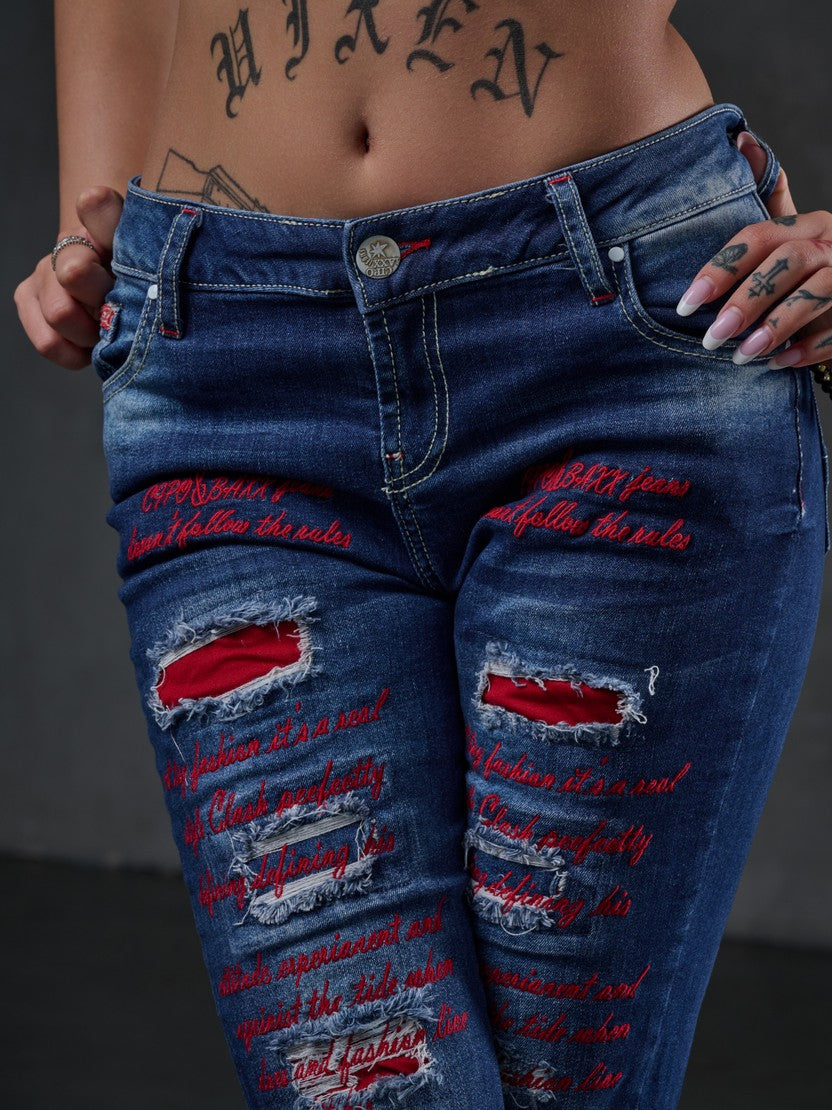 WD478 Women's slim-fit jeans with colored cut-outs