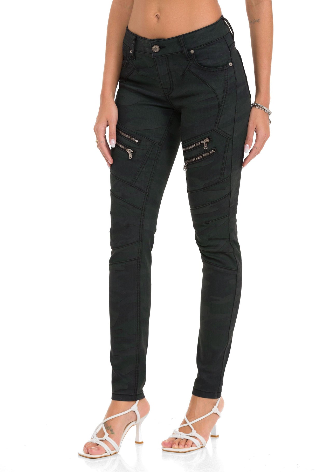 WD501 Women's Slim-fit Jeans with decorative stitching, zippers and brand logo