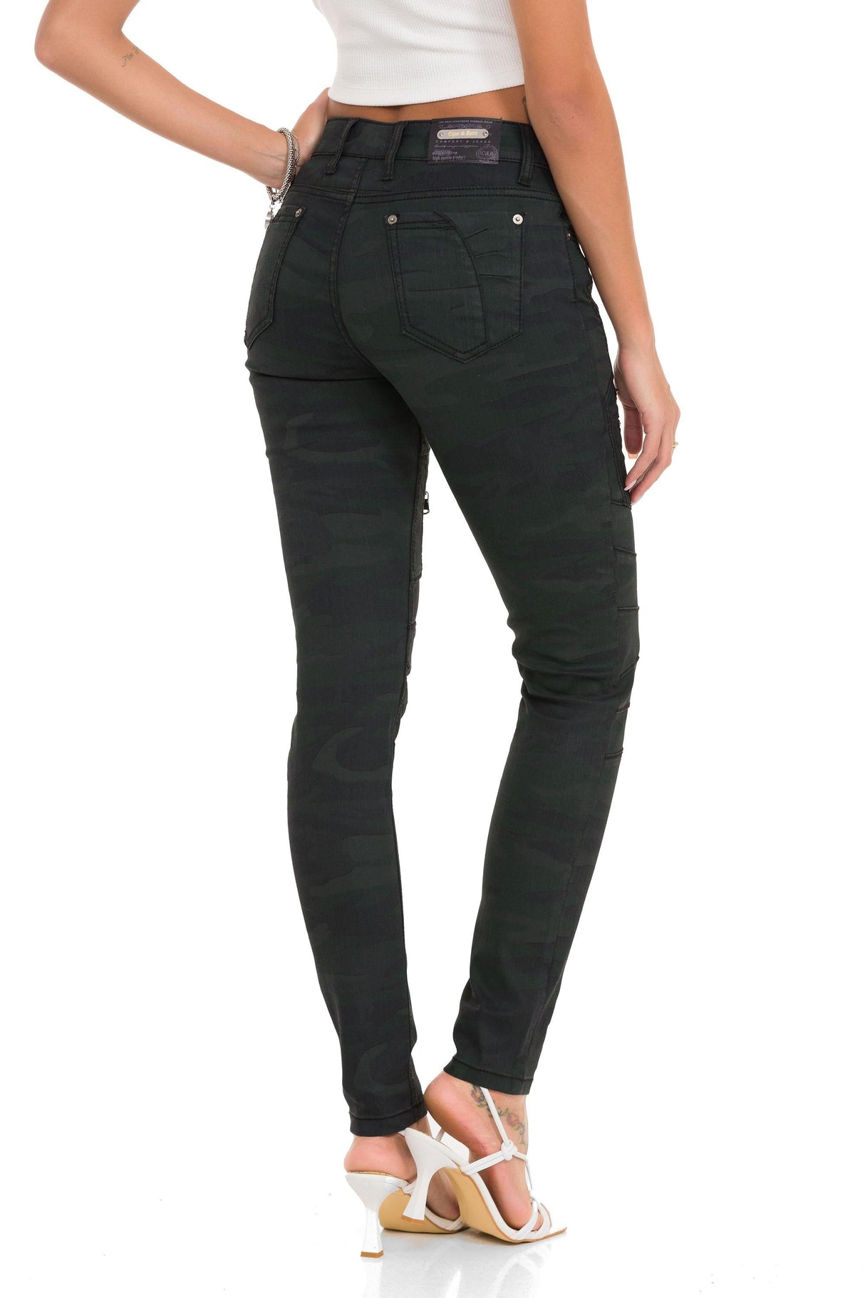 WD501 Women's Slim-fit Jeans with decorative stitching, zippers and brand logo