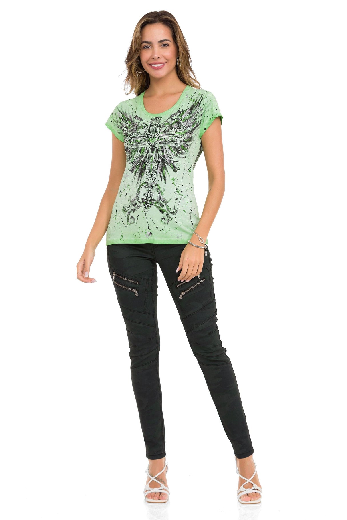 WD501 Women's Slim-fit Jeans with decorative stitching, zippers and brand logo
