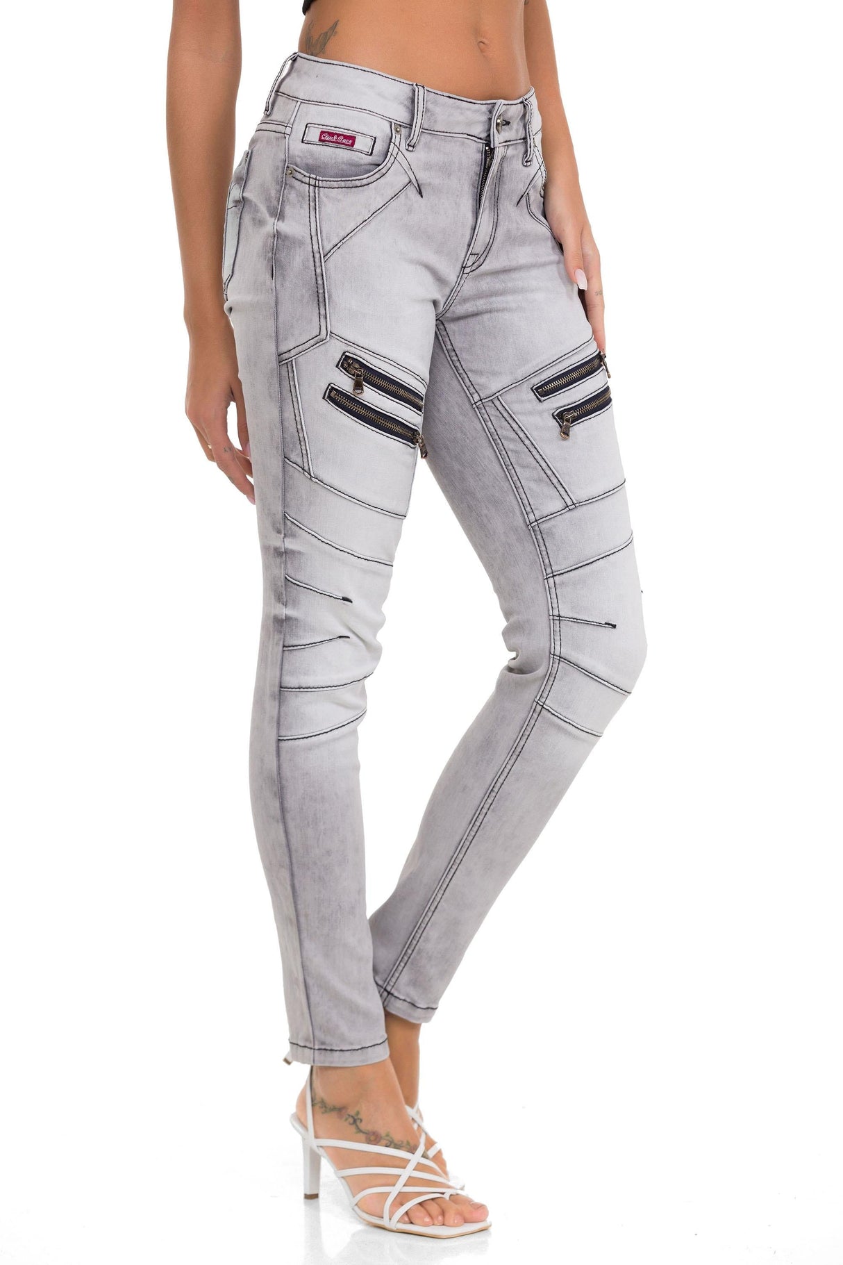 WD501 Women's Slim-fit Jeans with decorative stitching, zippers and brand logo