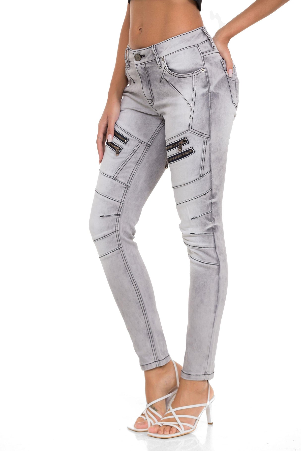 WD501 Women's Slim-fit Jeans with decorative stitching, zippers and brand logo