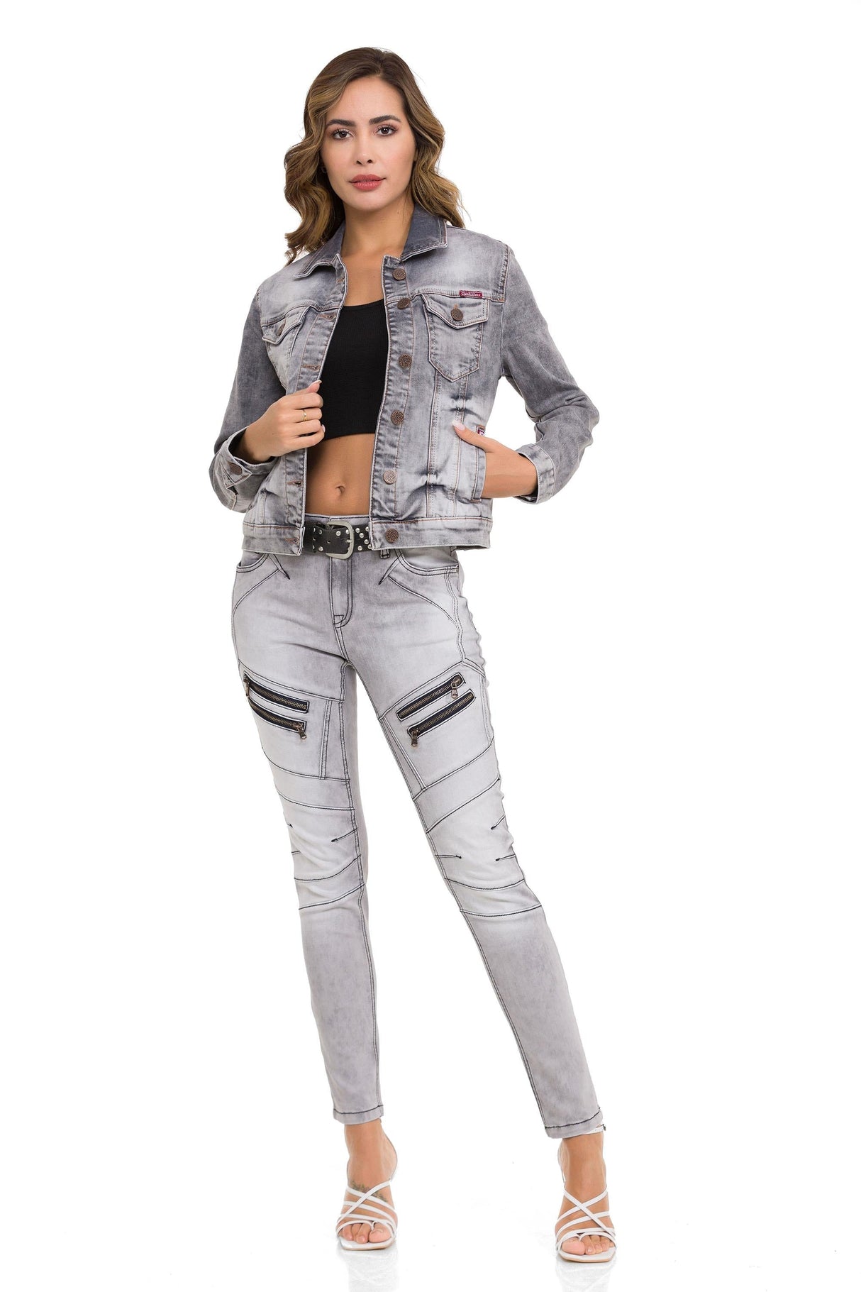 WD501 Women's Slim-fit Jeans with decorative stitching, zippers and brand logo