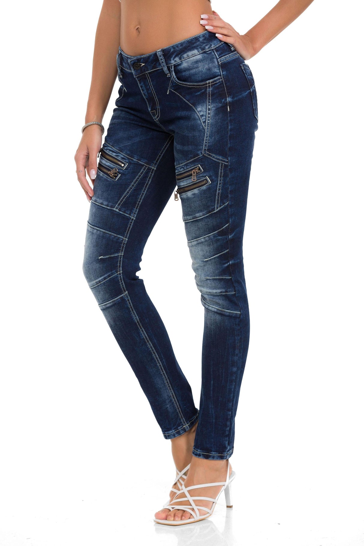 WD501 Women's Slim-fit Jeans with decorative stitching, zippers and brand logo