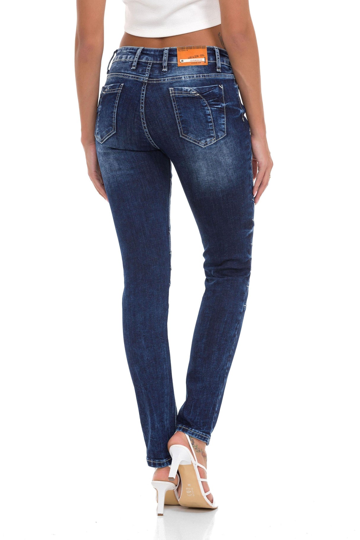 WD501 Women's Slim-fit Jeans with decorative stitching, zippers and brand logo