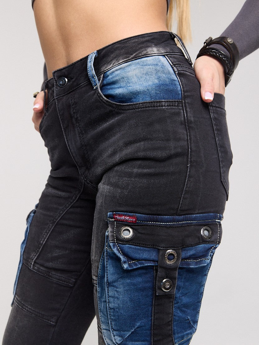WD521 Women's Jeans Cargo Pockets with Patches for Skinny Jeans