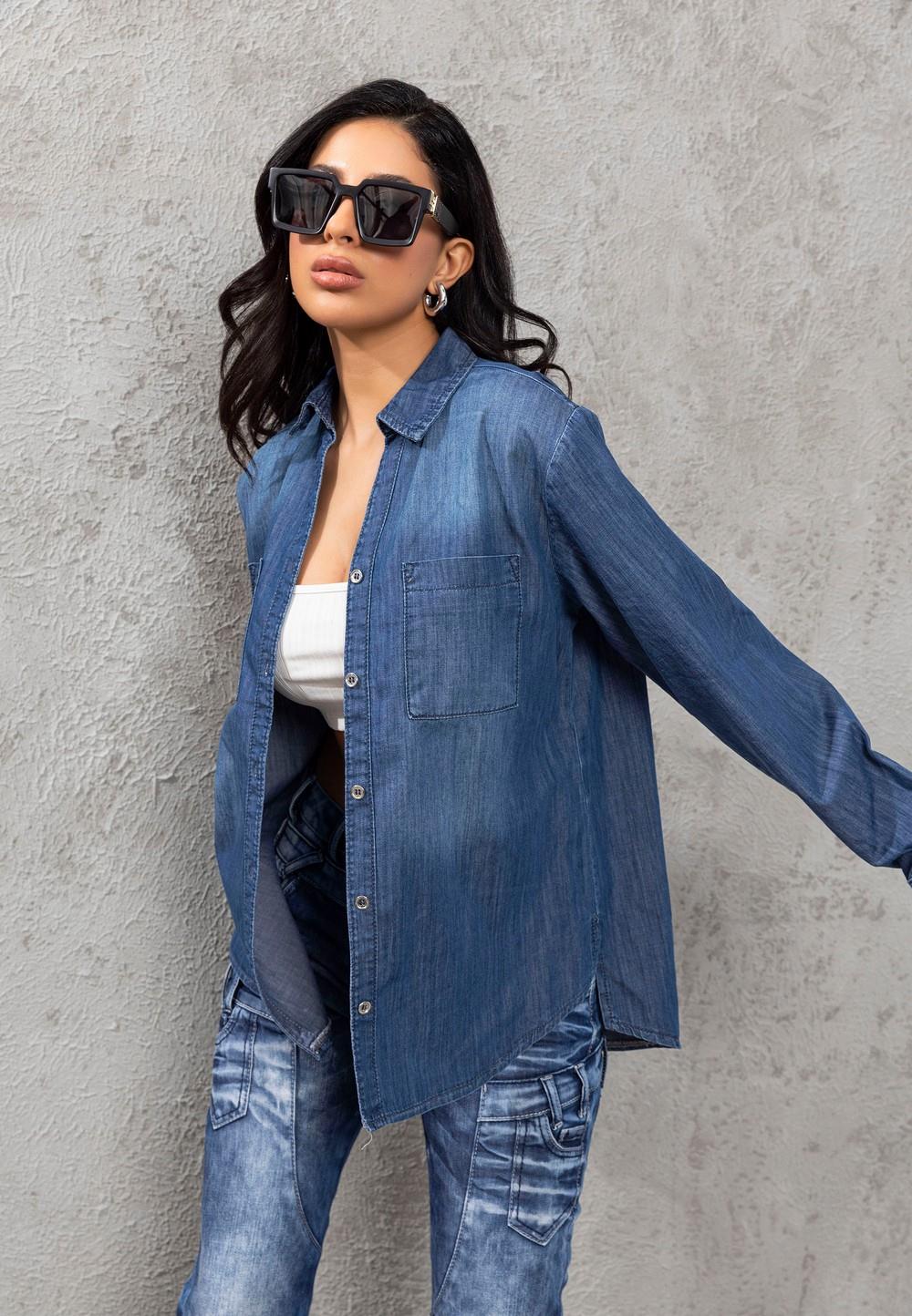 WH134 Women's denim blouse with chest pockets