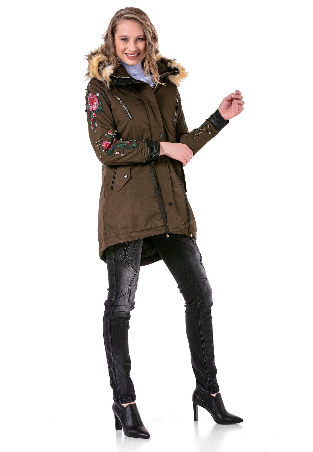 WJ136 Women's outdoor jacket with stylish faux fur hood