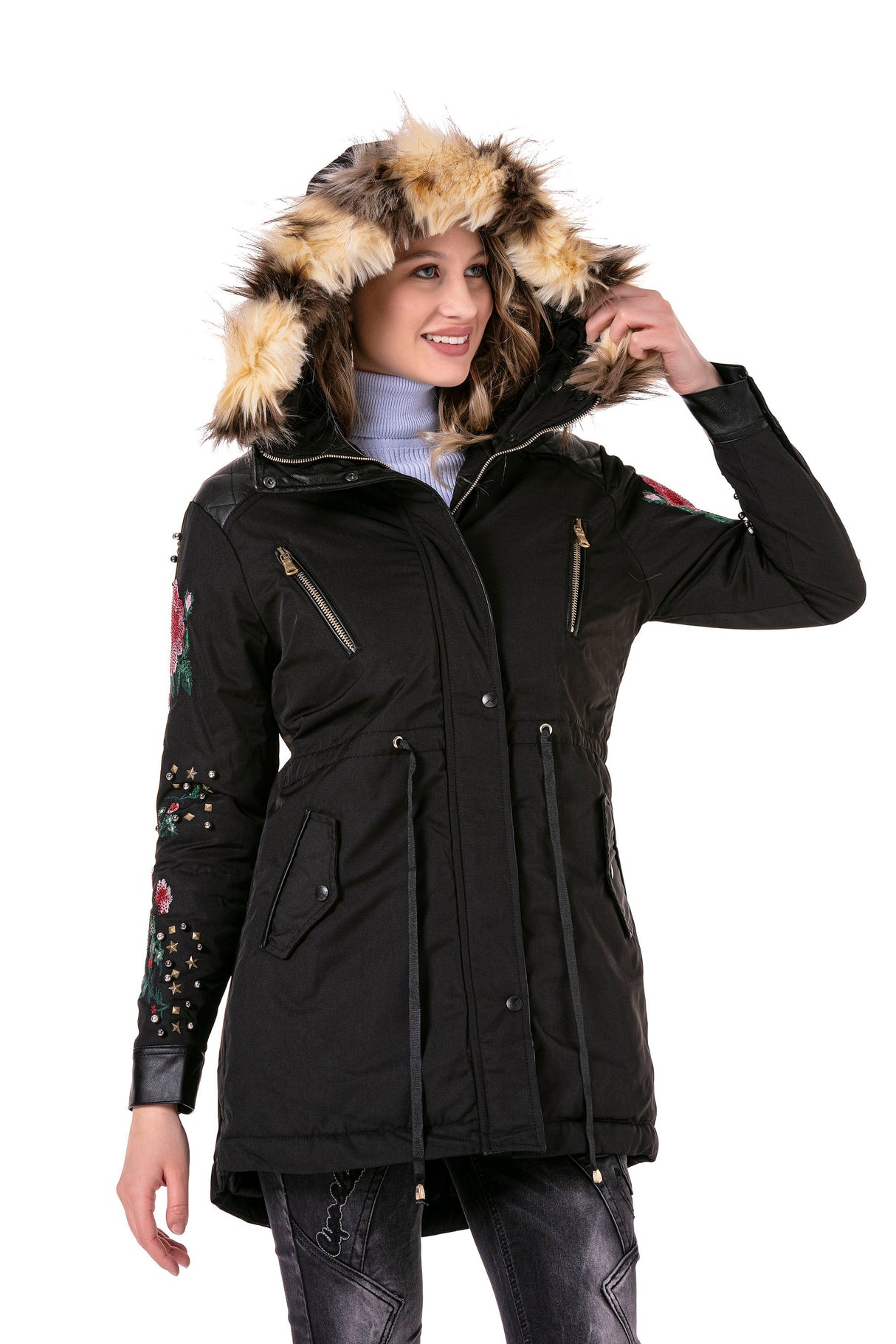 WJ136 Women's outdoor jacket with stylish faux fur hood