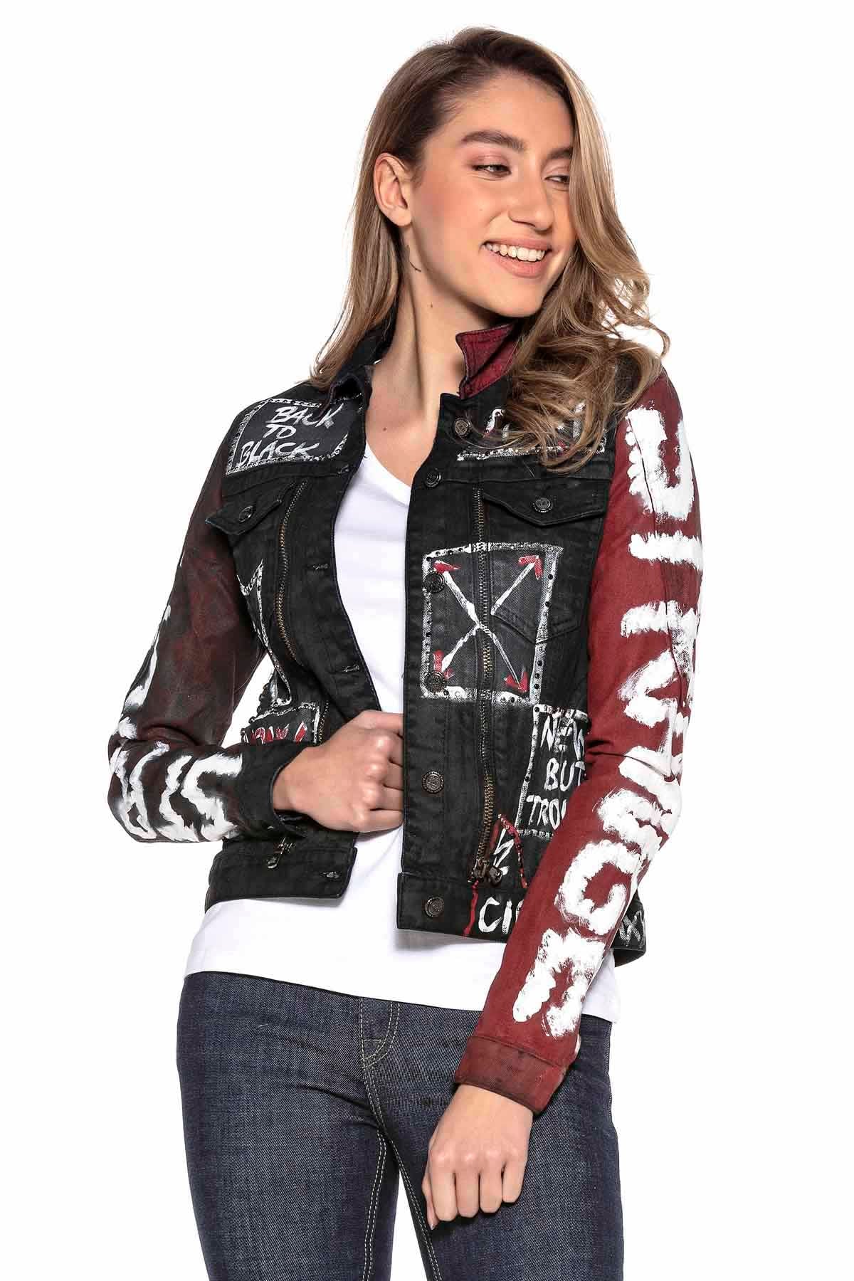 WJ172 Women's denim jacket with colorful pattern
