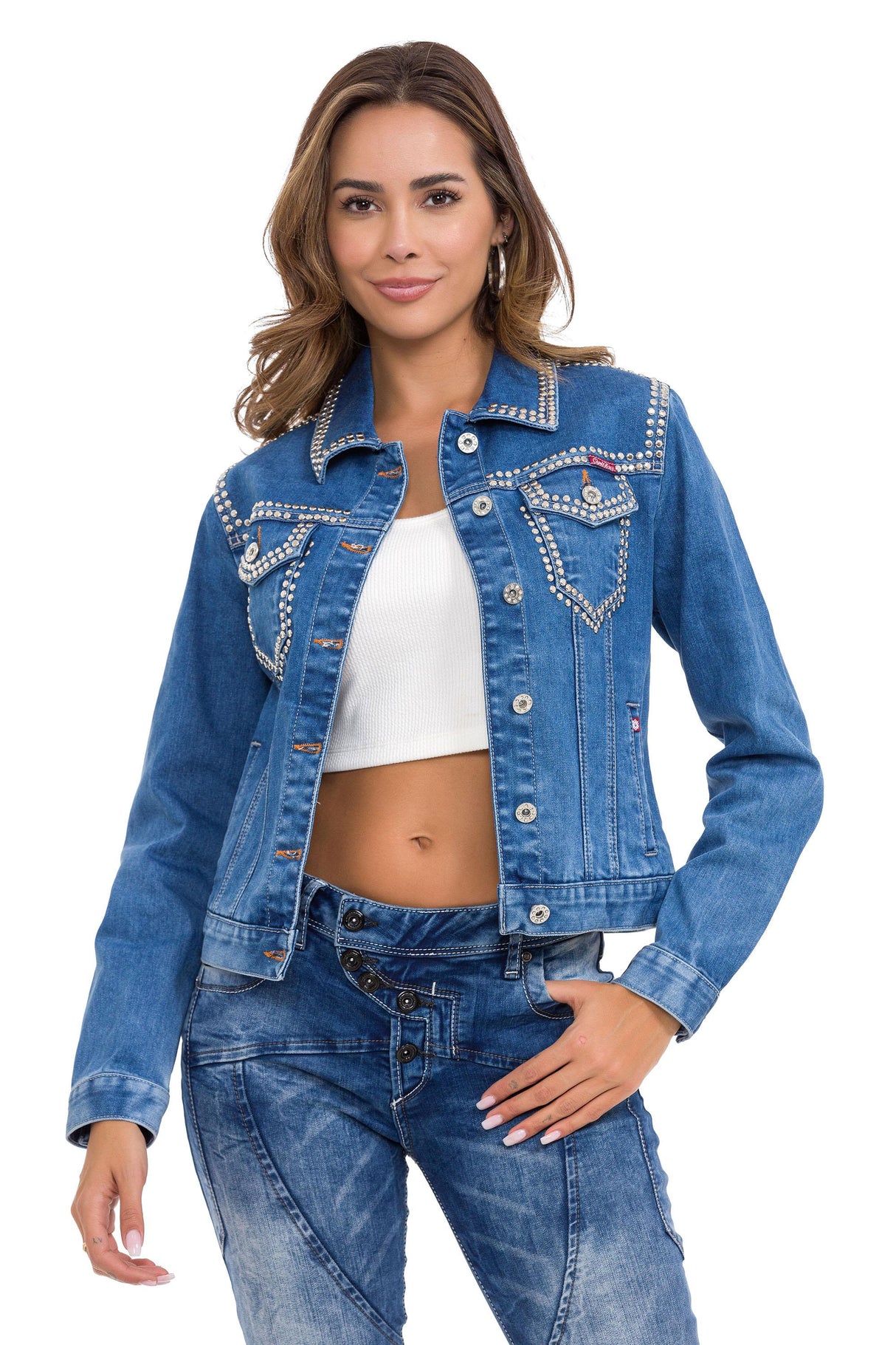 WJ213 Women's Denim Jacket with Stud Trim, Unique Denim Casual Jacket