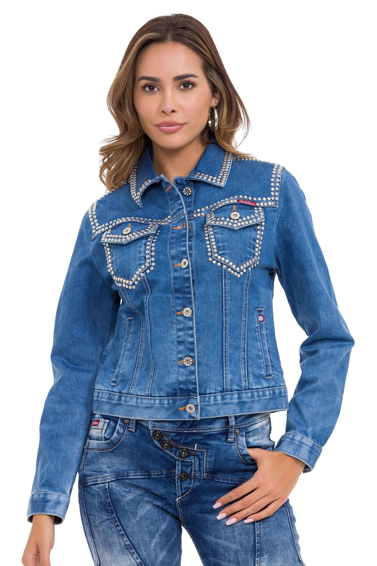 WJ213 Women's Denim Jacket with Stud Trim, Unique Denim Casual Jacket