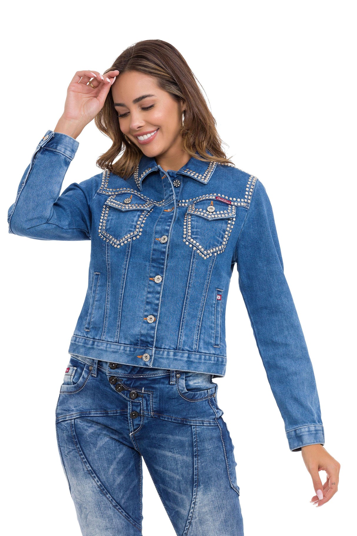 WJ213 Women's Denim Jacket with Stud Trim, Unique Denim Casual Jacket