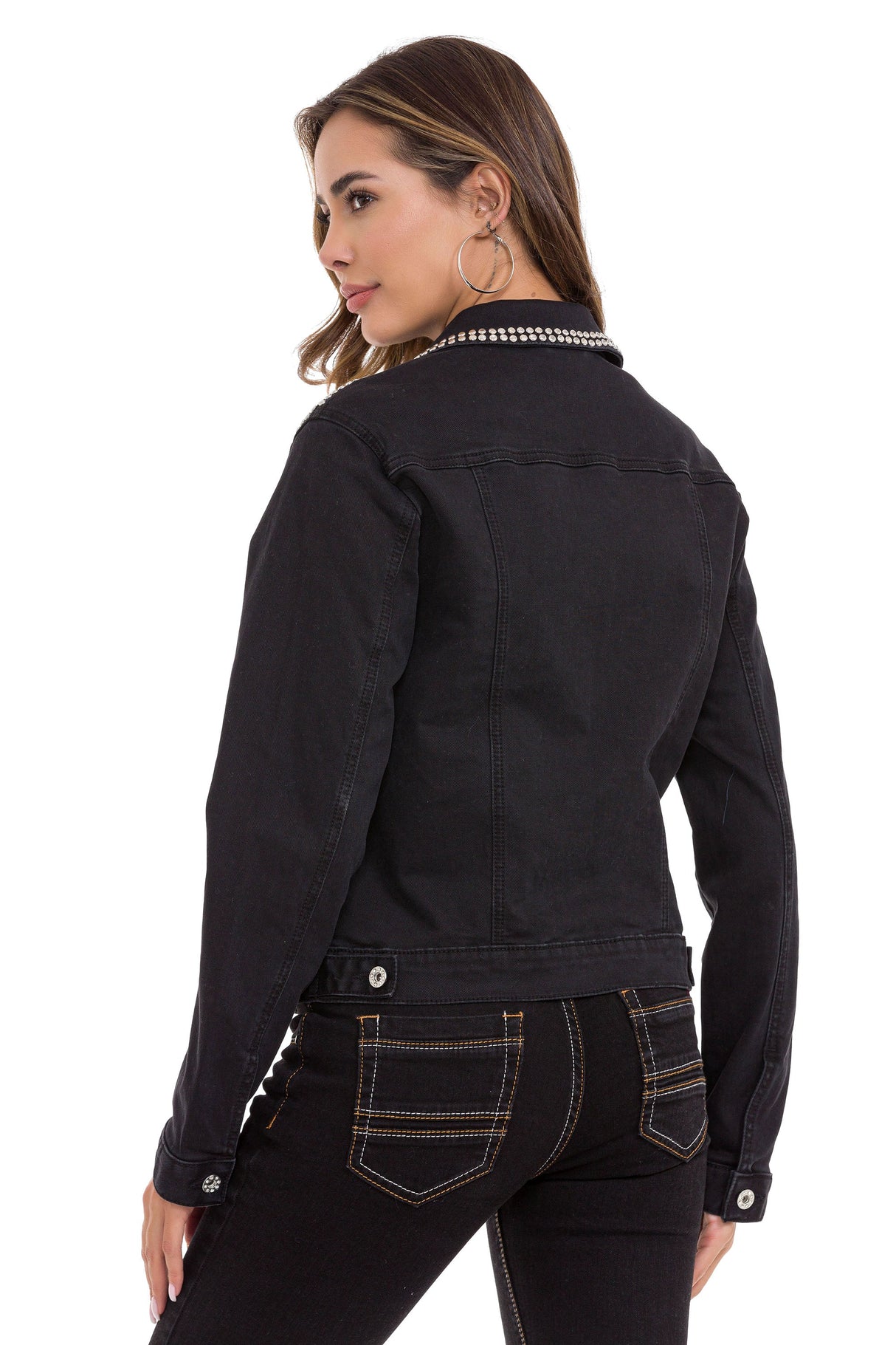 WJ213 Women's Denim Jacket with Stud Trim, Unique Denim Casual Jacket