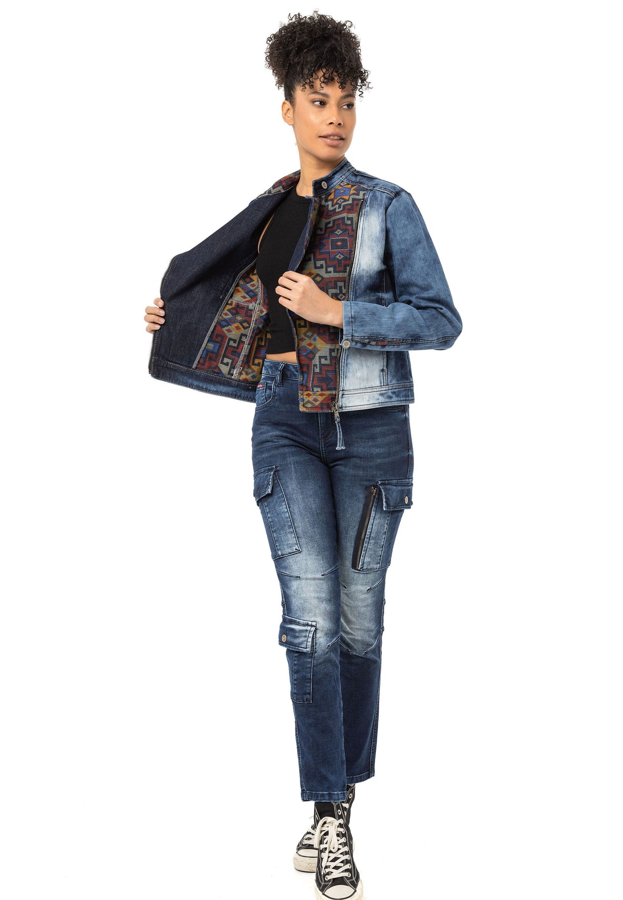 WJ228 Women's denim jacket with detailed ethnic pattern