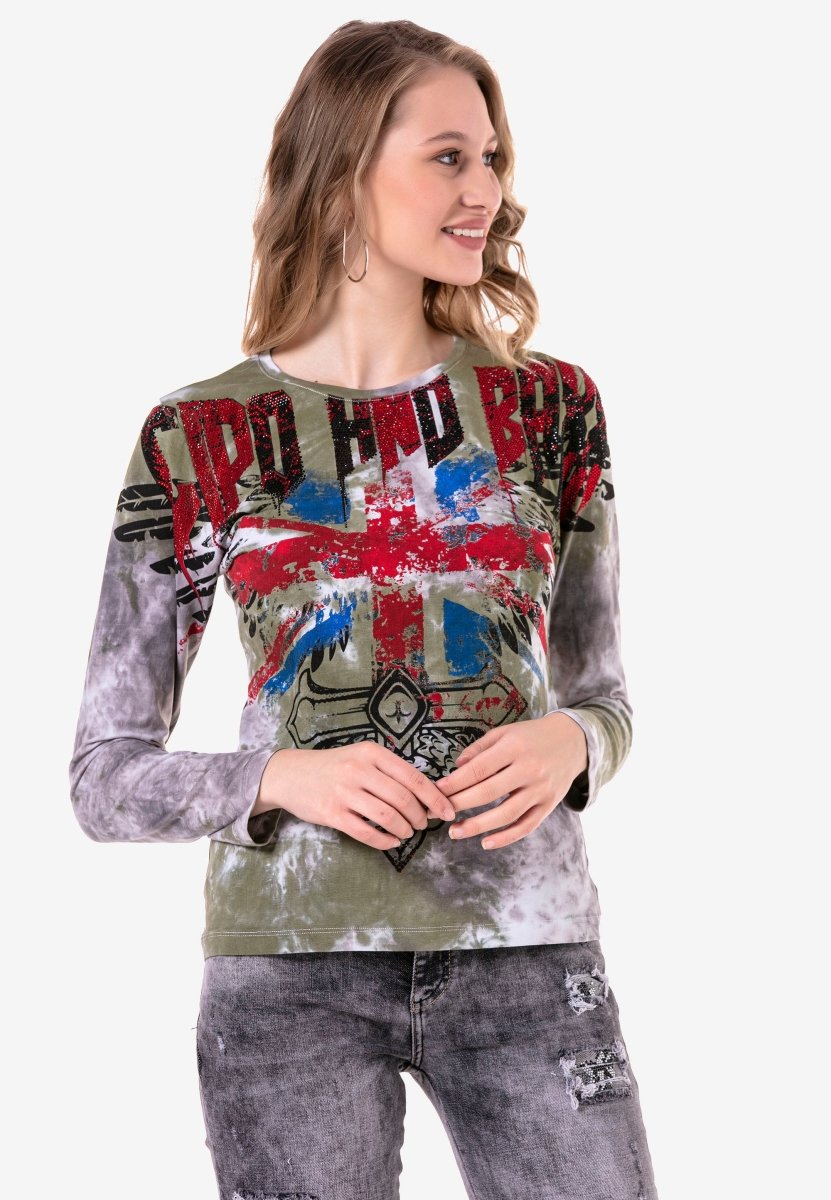 WL282 Women's long-sleeved shirt with trendy rhinestones