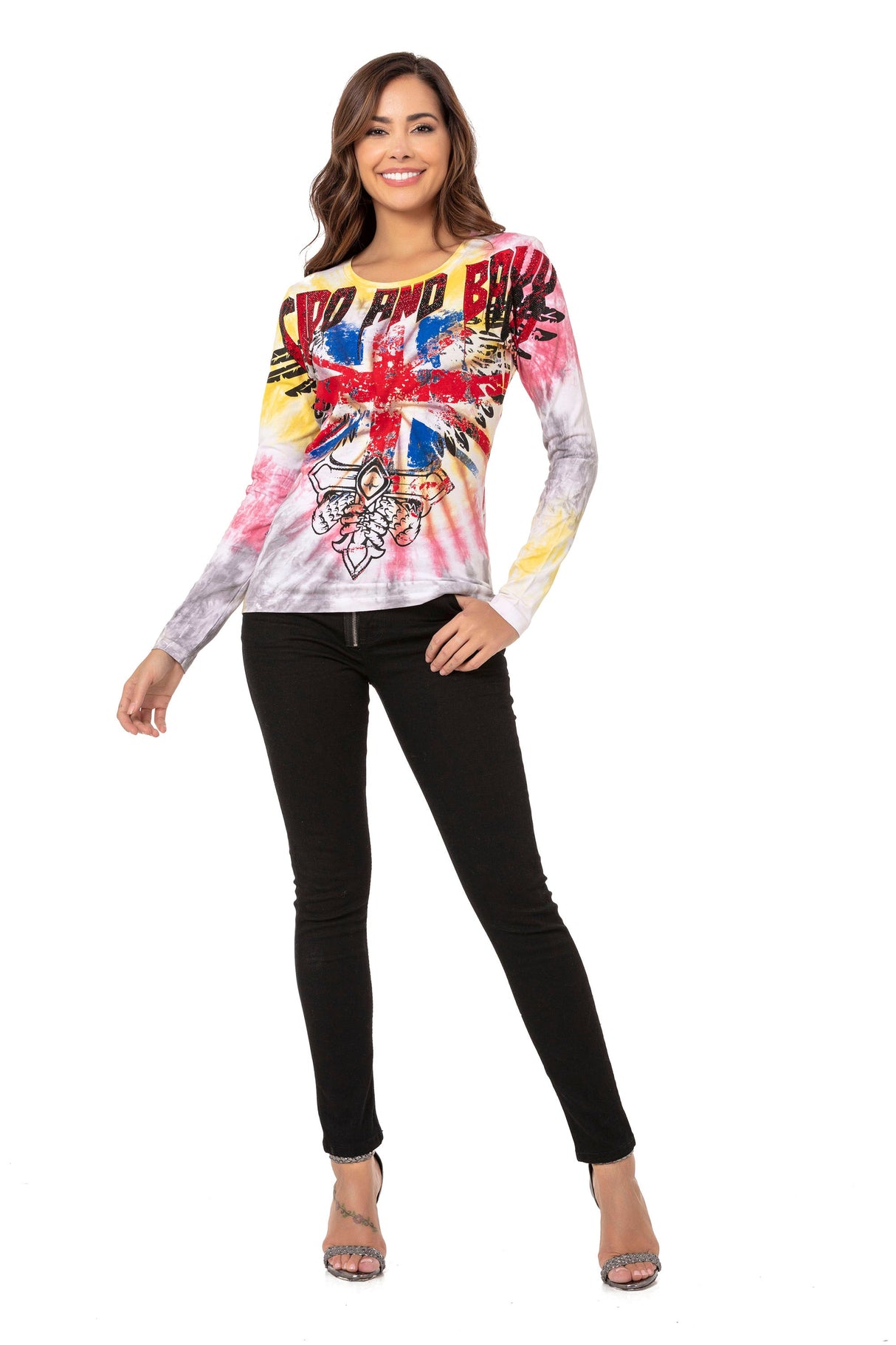 WL282 Women's long-sleeved shirt with trendy rhinestones