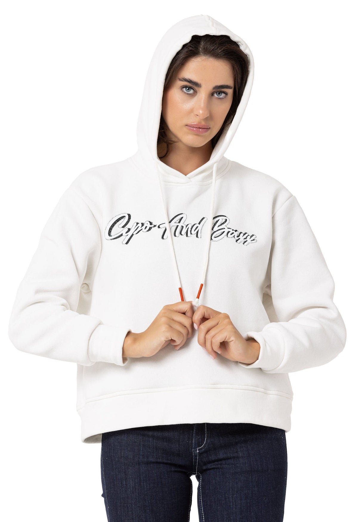 WL351 Women's hooded sweatshirt with trendy rhinestone brand embroidery