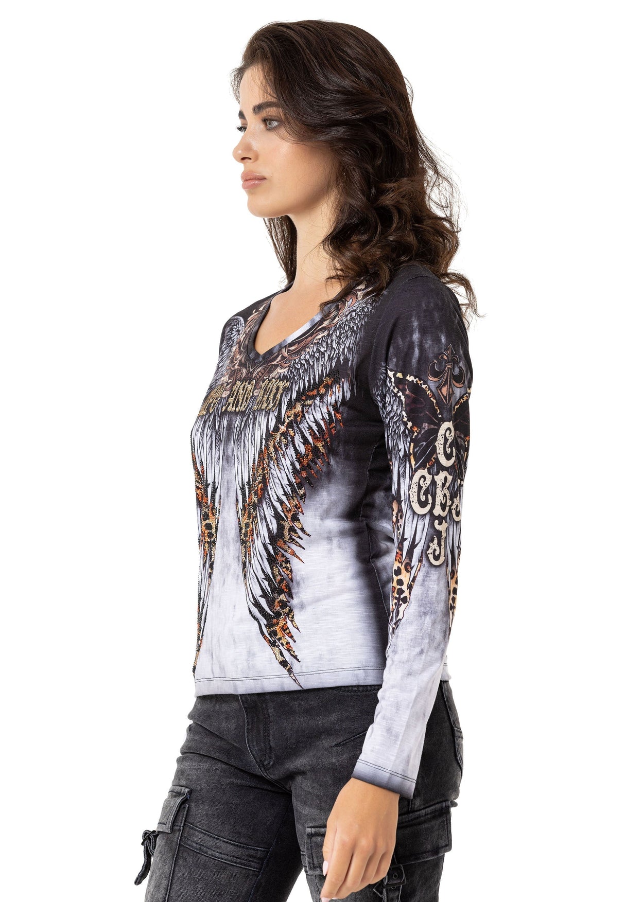 WL353 Women's long-sleeved shirt with cool all-over print and rhinestones
