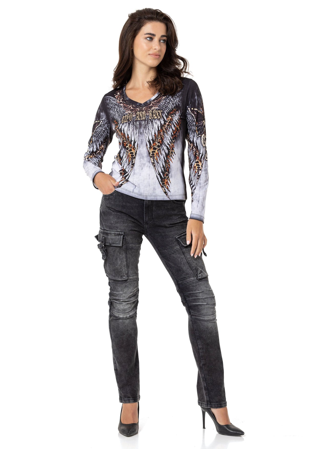 WL353 Women's long-sleeved shirt with cool all-over print and rhinestones