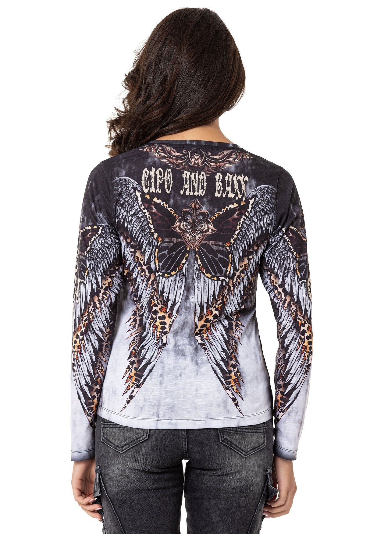 WL353 Women's long-sleeved shirt with cool all-over print and rhinestones