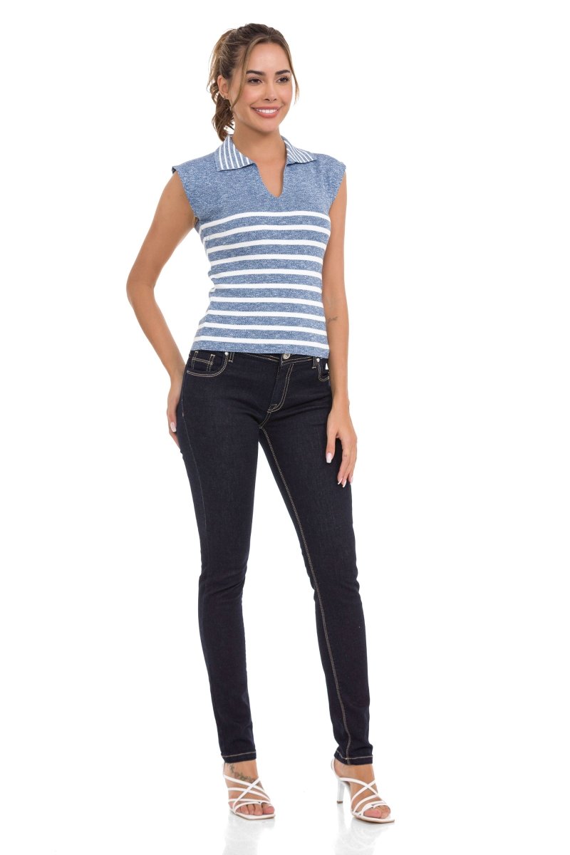 WT353 Women's T-Shirt Polo Collar Striped Knitwear