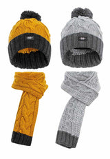BA101 Boys' Hat & Scarf Set – Knitted Accessories in Grey Mustard with Pom-pom | Winter Set for Children