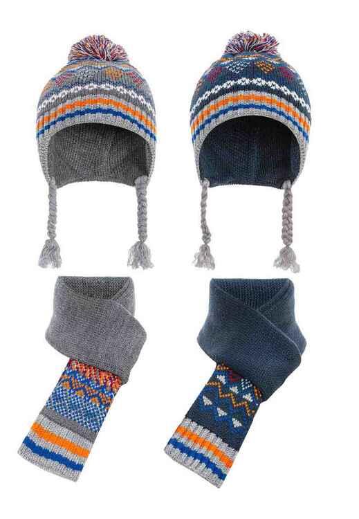 BA102 Boys' Winter Hat & Scarf - Knitting Set in Navy & Anthracite with Pom-pom and Pattern