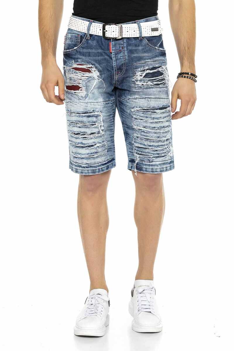 CK219 Men's Capri Pants – Blue Denim Shorts with Ripped Details & Contrast Stitching | Stylish 3/4 Jeans for Summer & Leisure