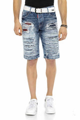 CK219 Men's Capri Pants – Blue Denim Shorts with Ripped Details & Contrast Stitching | Stylish 3/4 Jeans for Summer & Leisure