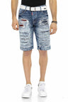 CK219 Men's Capri Pants – Blue Denim Shorts with Ripped Details & Contrast Stitching | Stylish 3/4 Jeans for Summer & Leisure