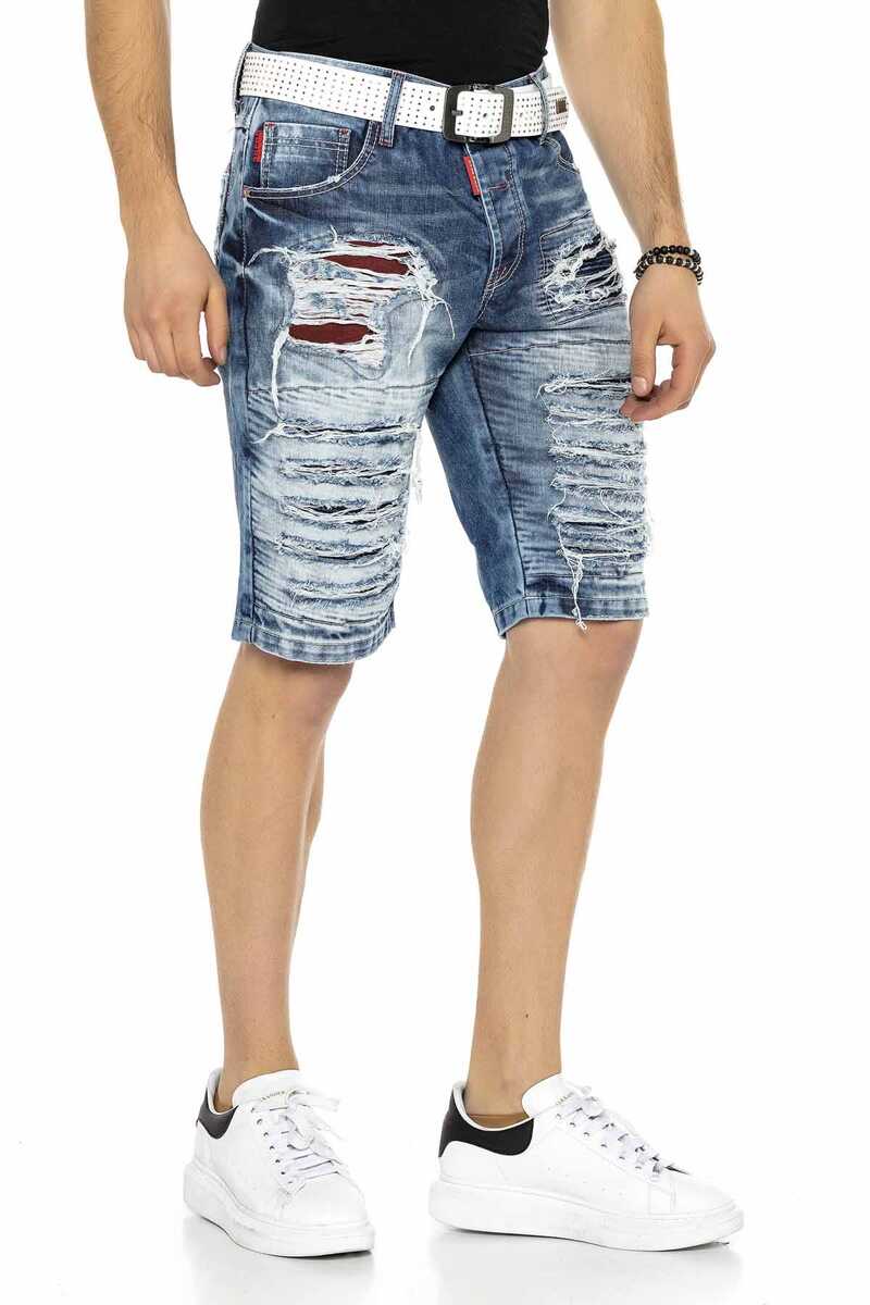 CK219 Men's Capri Pants – Blue Denim Shorts with Ripped Details & Contrast Stitching | Stylish 3/4 Jeans for Summer & Leisure