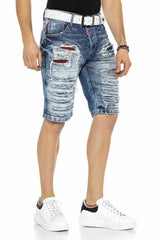 CK219 Men's Capri Pants – Blue Denim Shorts with Ripped Details & Contrast Stitching | Stylish 3/4 Jeans for Summer & Leisure