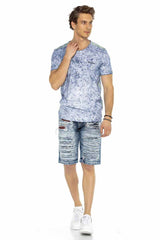 CK219 Men's Capri Pants – Blue Denim Shorts with Ripped Details & Contrast Stitching | Stylish 3/4 Jeans for Summer & Leisure