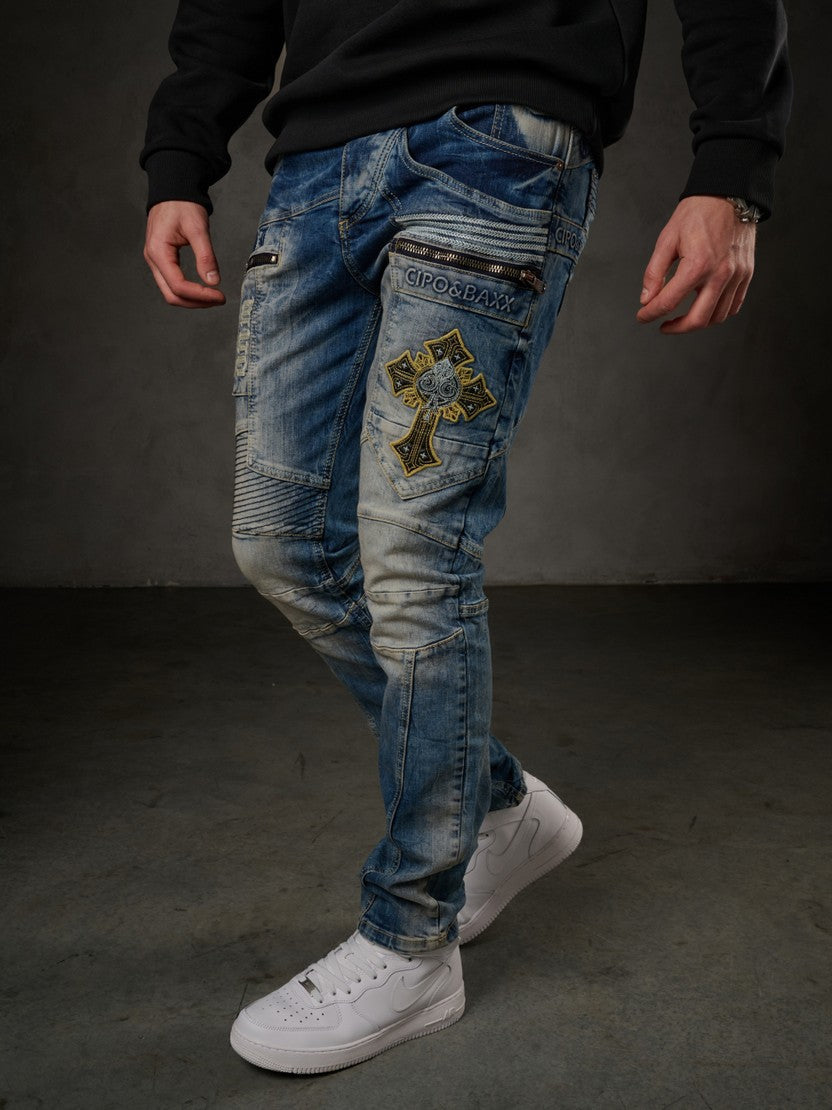 CD293 Men's comfortable biker-style jeans in straight fit