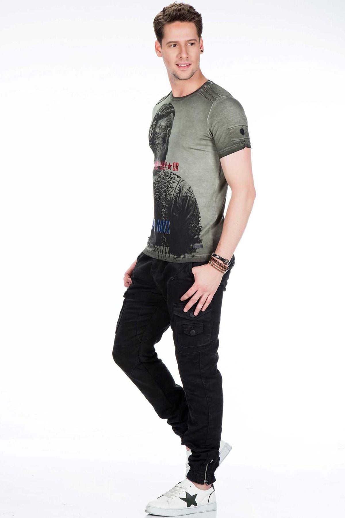 CD422 Men's Jeans Cargo Trousers with Elastic Hem