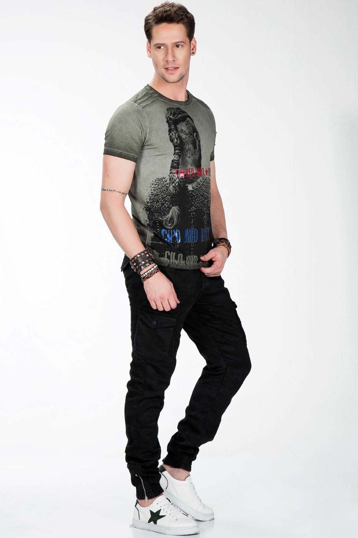 CD422 Men's Jeans Cargo Trousers with Elastic Hem