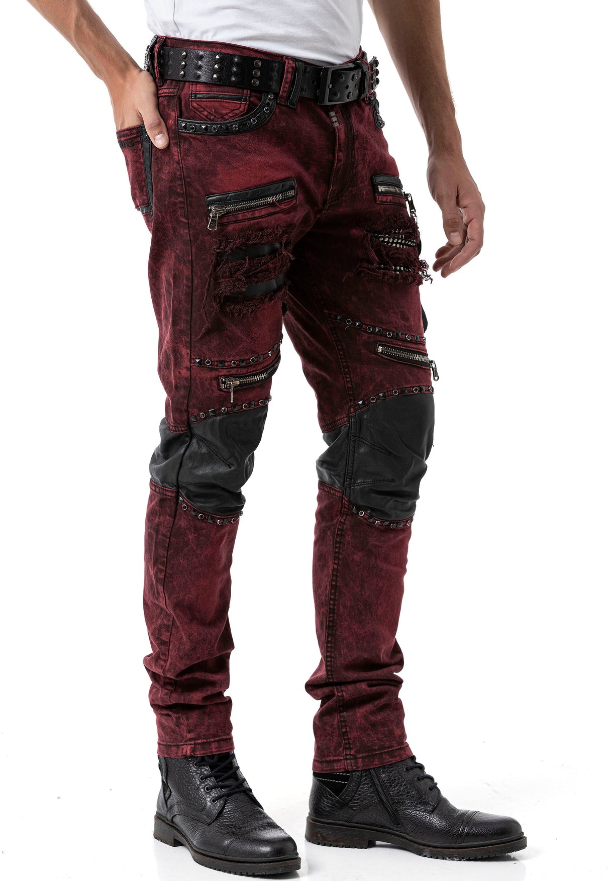 CD481 Men's Slim Fit Jeans with rivets and decorative zippers