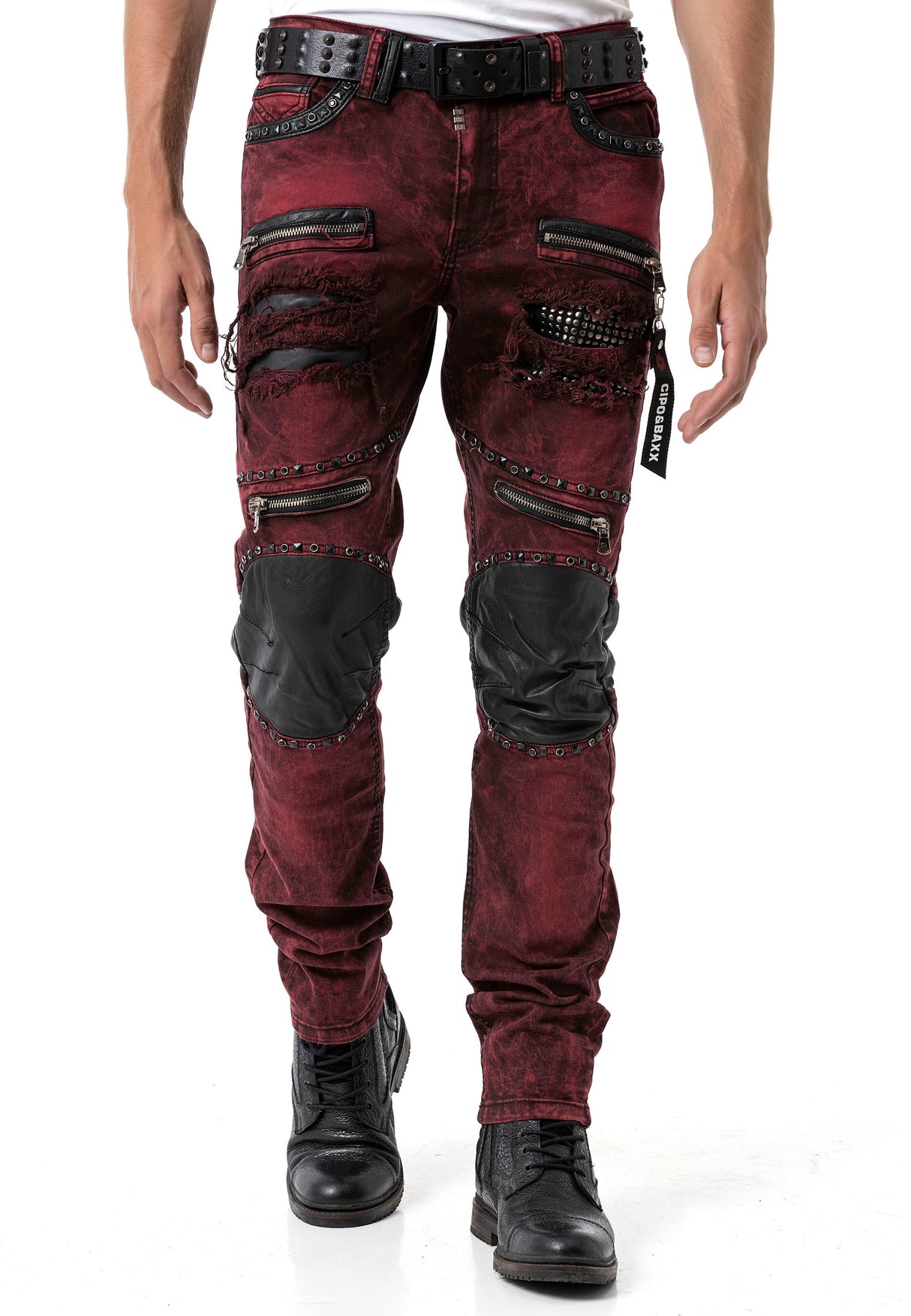 CD481 Men's Slim Fit Jeans with rivets and decorative zippers