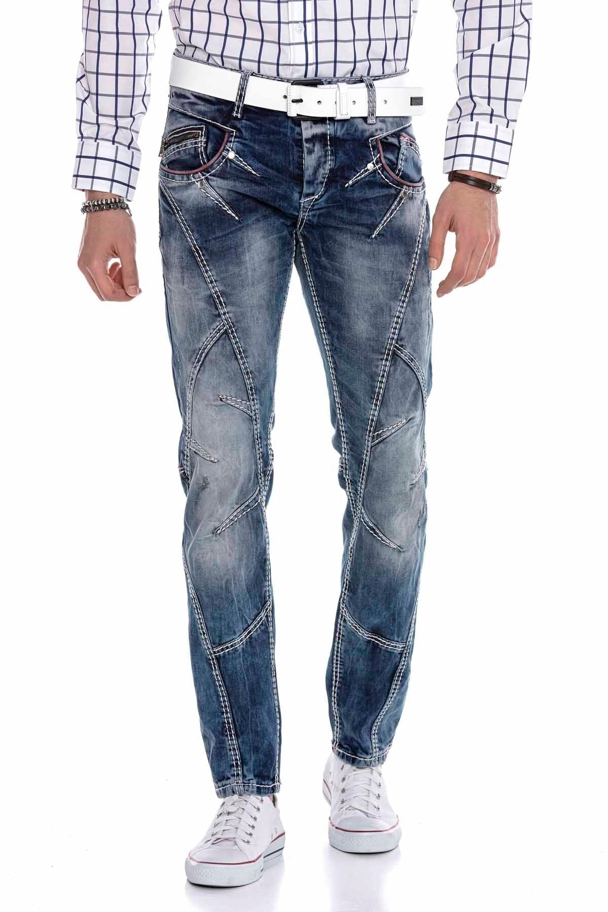 CD563 Men's comfortable jeans with trendy decorative stitching